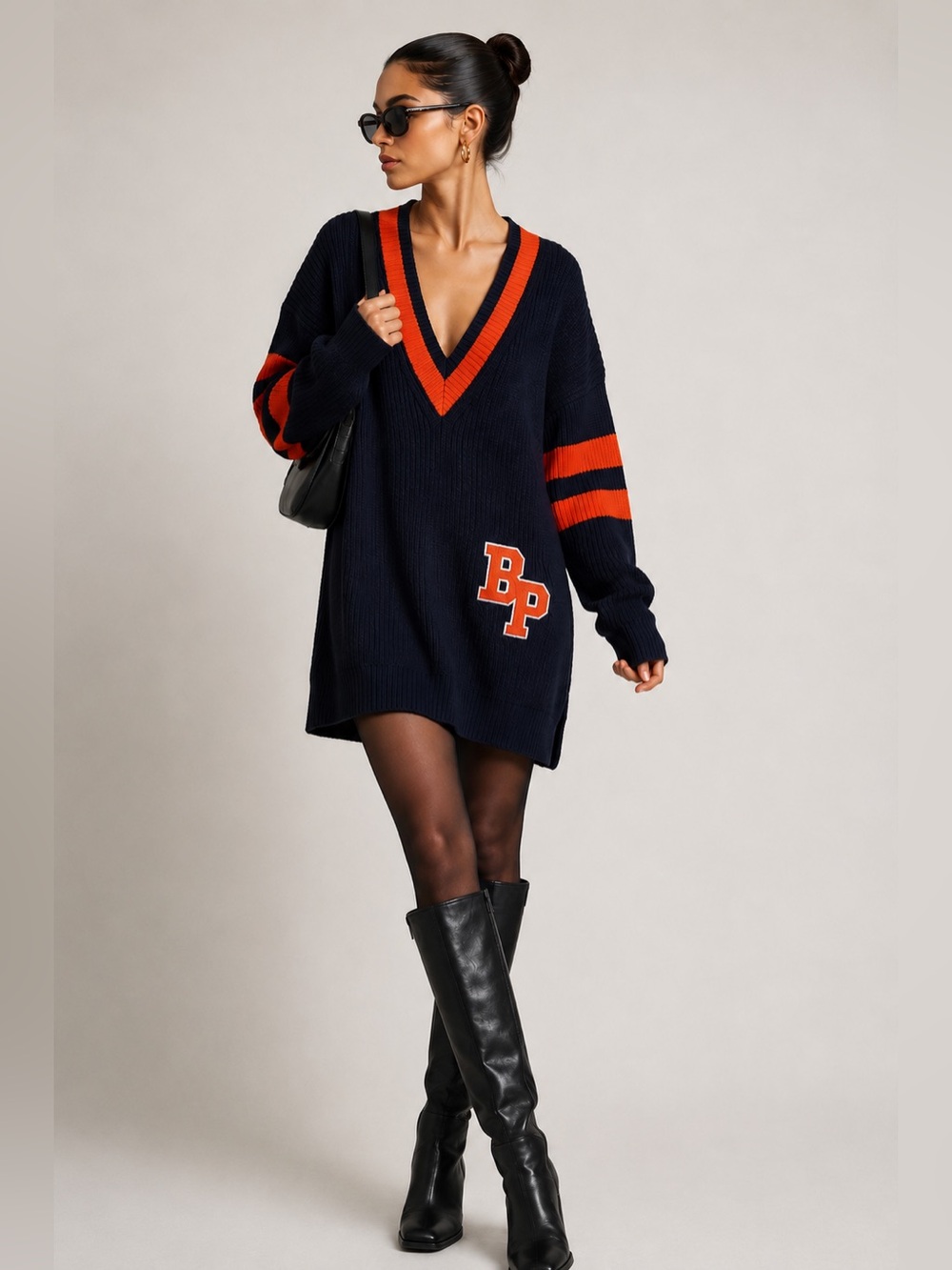 Baum und Pferdgarten Navy Orange Varsity V Neck Oversized Knit Sweater Dress